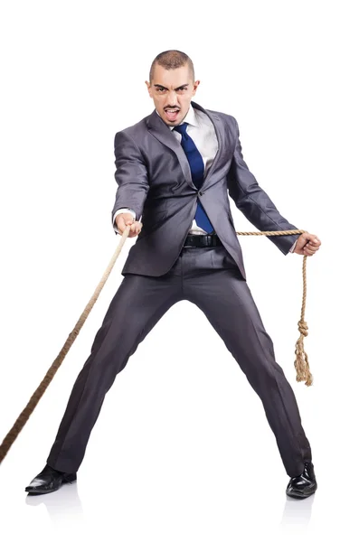 Man pulling the rope on white — Stock Photo, Image