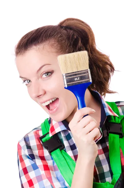 Woman painter with paintbrush on white — Stock Photo, Image