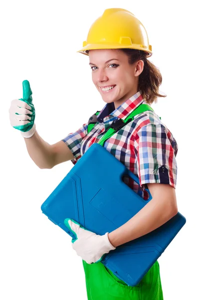 Jeune femme avec boîte à outils sur blanc — Photo