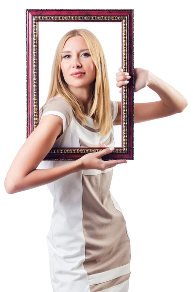 Woman with picture frame on white — Stock Photo, Image