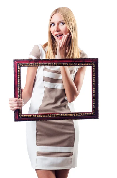 Woman with picture frame on white — Stock Photo, Image