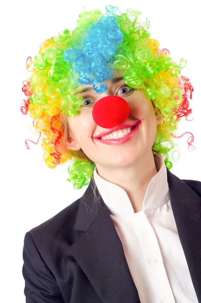 Vrouw clown in pak — Stockfoto