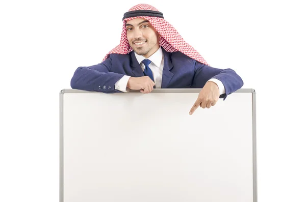 Homem árabe com placa em branco para a mensagem — Fotografia de Stock