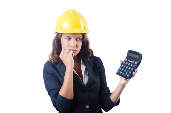 Constructora femenina con calculadora en blanco — Foto de Stock