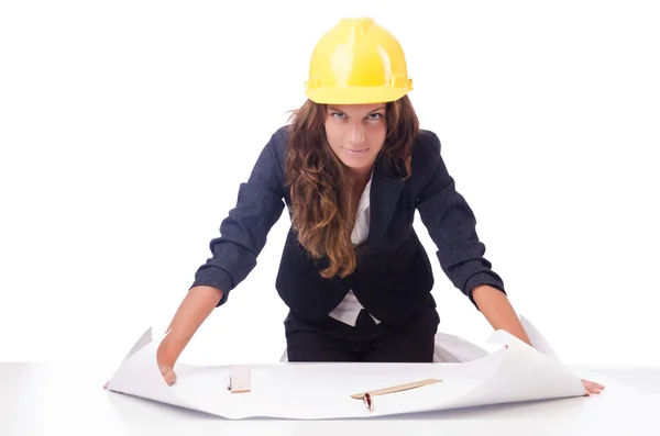 Woman architect with drawings on white — Stock Photo, Image