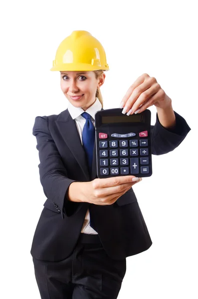 Trabalhadora da construção feminina com calculadora — Fotografia de Stock