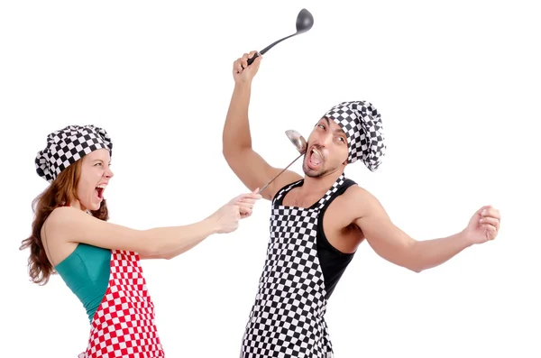 Pair of funny cooks on white — Stock Photo, Image