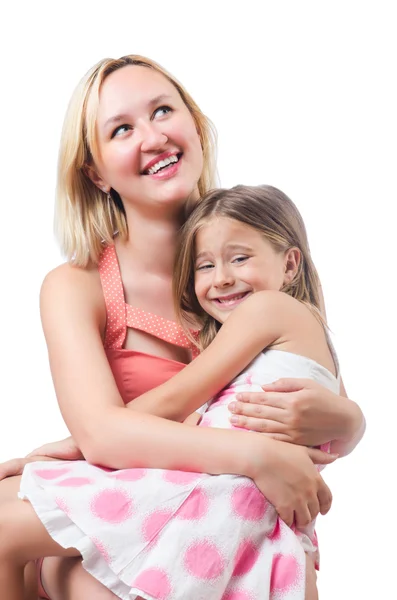Happy mother and daughter isolated on white — Stock Photo, Image