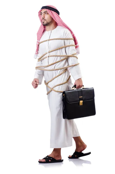 Hombre de negocios árabe atado con cuerda en blanco — Foto de Stock