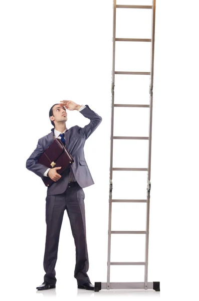 Zakenman klimmend op de ladder geïsoleerd op wit — Stockfoto