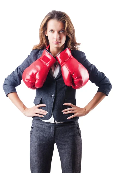 Jovem empresária no conceito de boxe — Fotografia de Stock