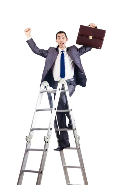 Zakenman klimcarrière ladder op wit — Stockfoto