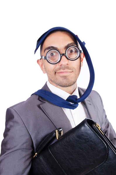 Divertido empollón hombre de negocios en el blanco — Foto de Stock