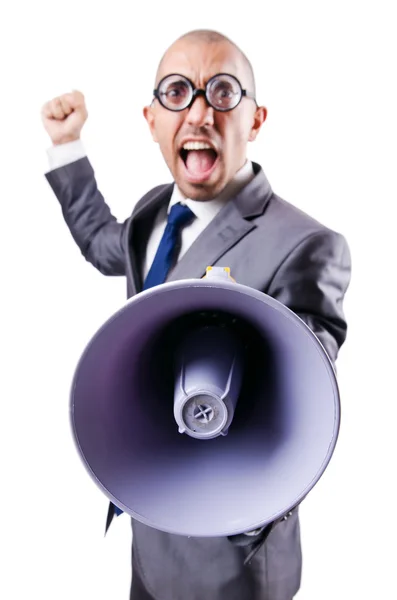Homem engraçado com alto-falante em branco — Fotografia de Stock