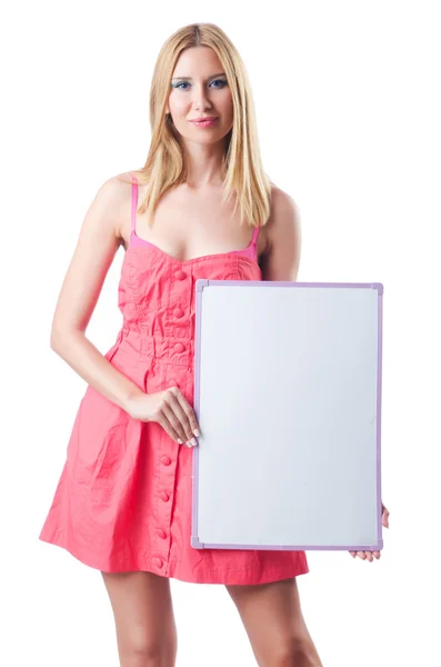 Woman in pink dress with blank board — Stock Photo, Image