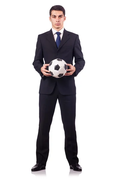 Jonge zakenman met voetbal op wit — Stockfoto