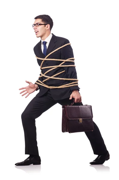 Businessman tied up with rope on white — Stock Photo, Image