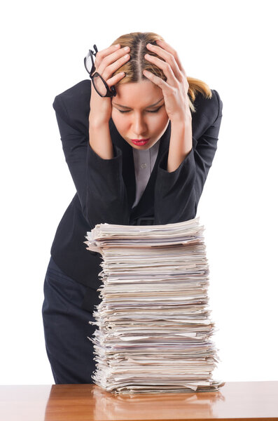 Woman with pile of papers
