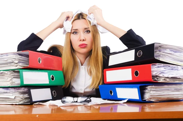 Drukke vrouw met stapels papier — Stockfoto