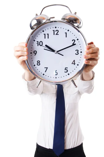 Nerd businesswoman with gian alarm clock — Stock Photo, Image