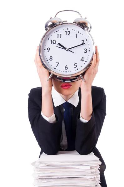 Woman businesswoman with giant alarm clock — Stock Photo, Image