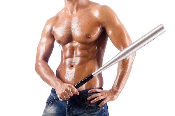 Muscular man with baseball bat on white — Stock Photo, Image