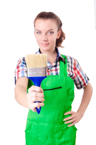 Woman painter with paintbrush on white — Stock Photo, Image