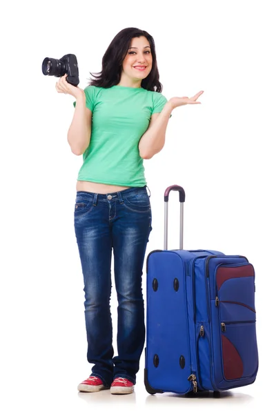 Menina com caixa de viagem e câmera Imagem De Stock