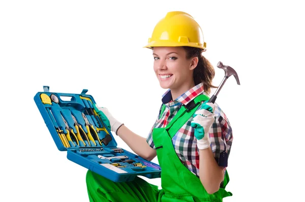 Jeune femme avec boîte à outils sur blanc — Photo