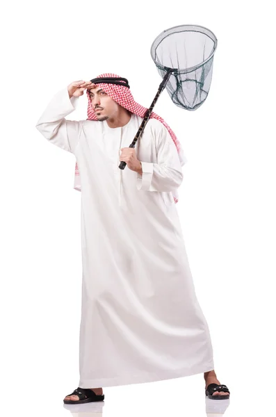 Arab businessman with catching net on white — Stock Photo, Image