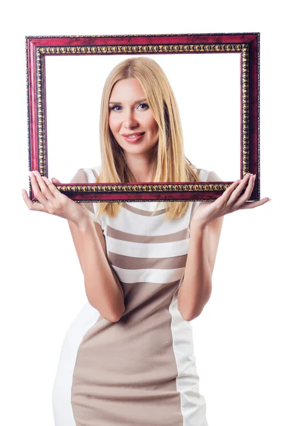 Woman with picture frame on white — Stock Photo, Image