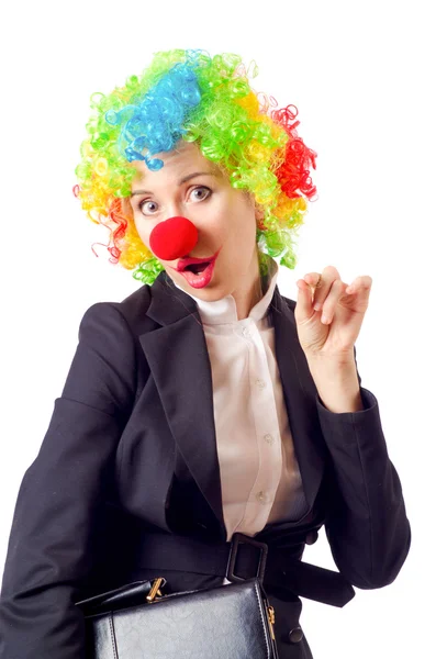 Woman clown in business suit — Stock Photo, Image