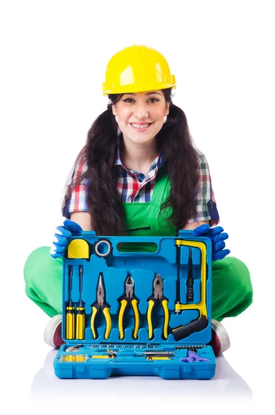 Woman builder isolated on white — Stock Photo, Image