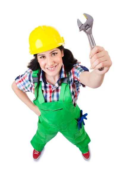 Woman builder isolated on white — Stock Photo, Image