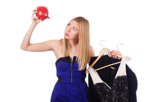 Woman thinking of spending her savings on clothing — Stock Photo, Image