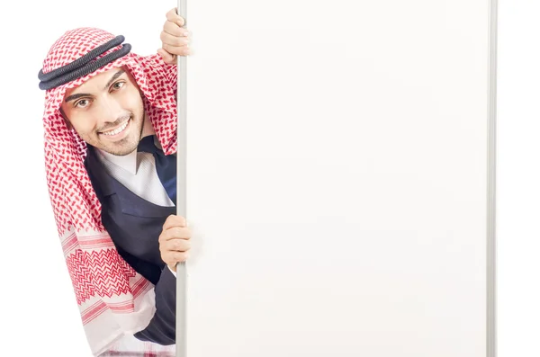 Uomo arabo con bordo vuoto per il messaggio — Foto Stock