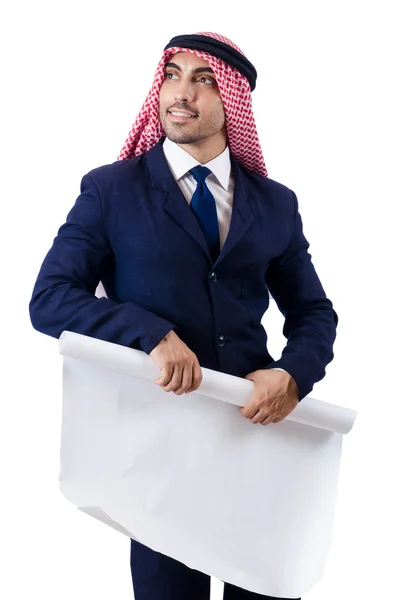 Arabischer Ingenieur mit Zeichnungen auf weiß — Stockfoto