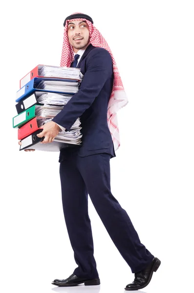 Arab businessman with many folders on white — Stock Photo, Image