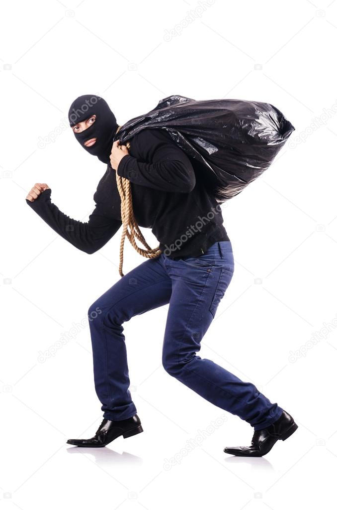 Burglar wearing balaclava isolated on white