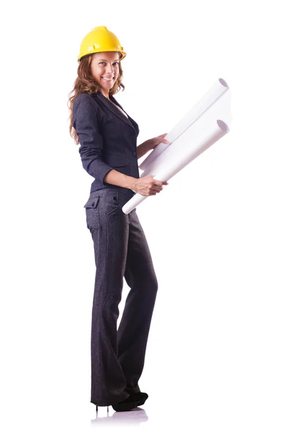 Woman construction worker with hard hat on white — Stock Photo, Image