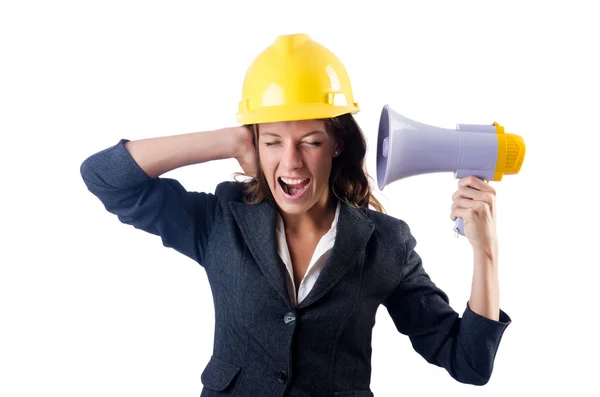 Kvinnlig byggnadsarbetare med högtalare — Stockfoto