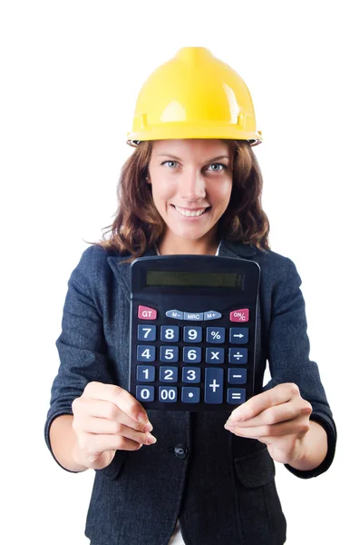 Constructora femenina con calculadora en blanco —  Fotos de Stock