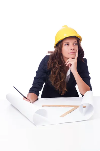 Mulher arquiteta com desenhos em branco — Fotografia de Stock