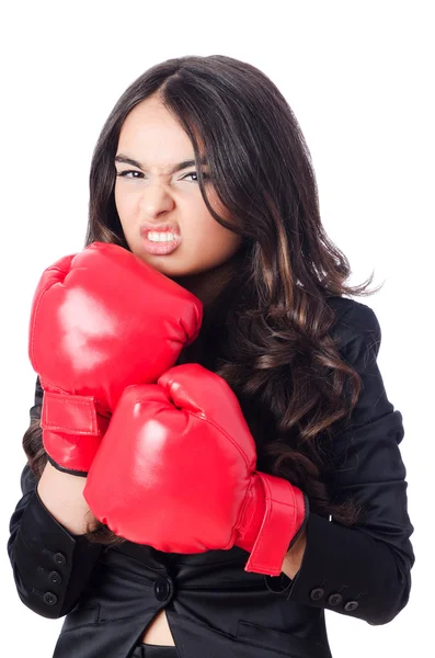 Mujer joven con guante de boxeo — Foto de Stock