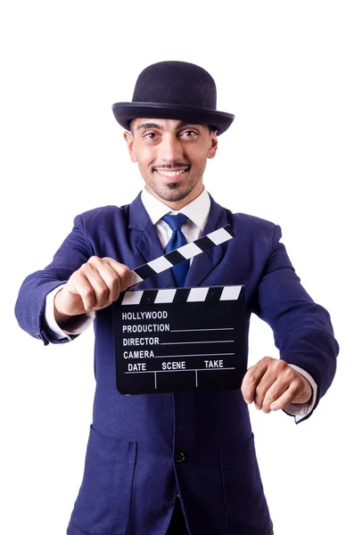 Mann mit Filmklöppel isoliert auf weißem Grund — Stockfoto