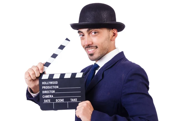 Homme avec film clapper isolé sur blanc — Photo