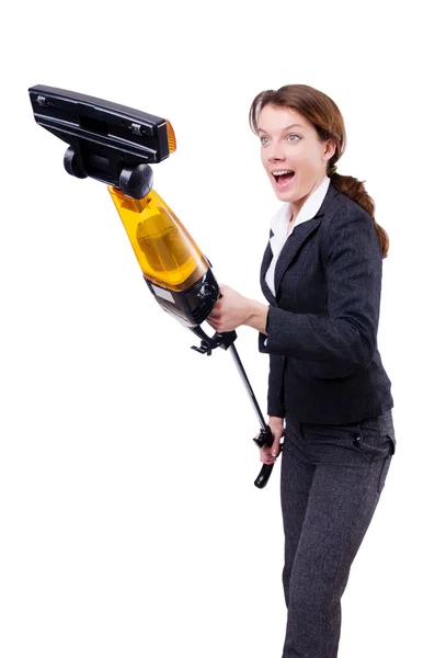 Jeune femme avec aspirateur sur blanc — Photo