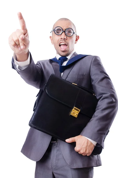 Homem de negócios nerd engraçado no branco — Fotografia de Stock