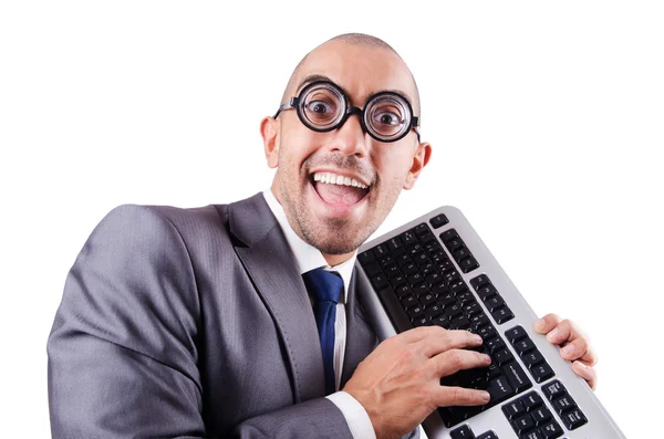 Homme d'affaires nerd avec clavier d'ordinateur sur blanc — Photo