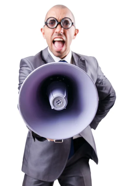 Funny man with loudspeaker on white — Stock Photo, Image